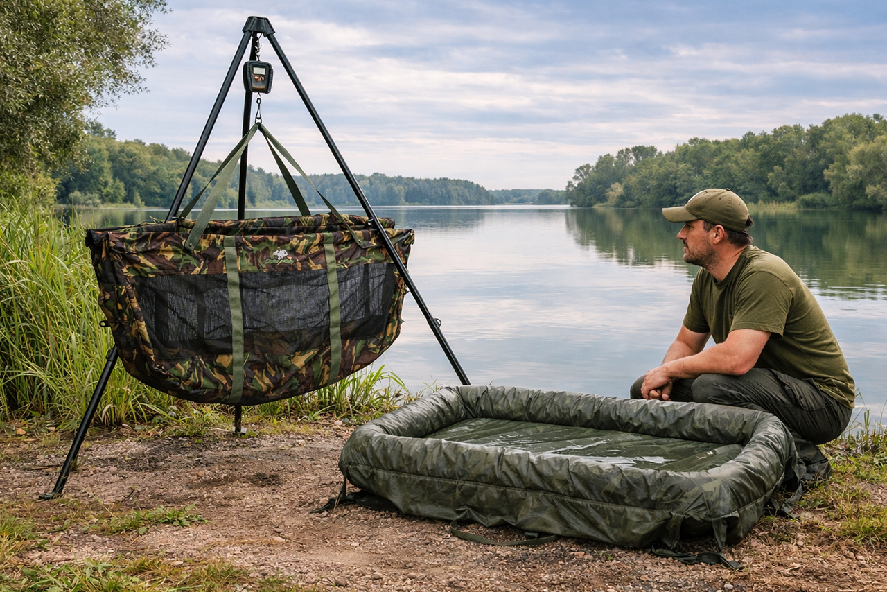 Bezpečná manipulace s kaprem u vody - podložka, vážicí sak a vezírek při rybolovu